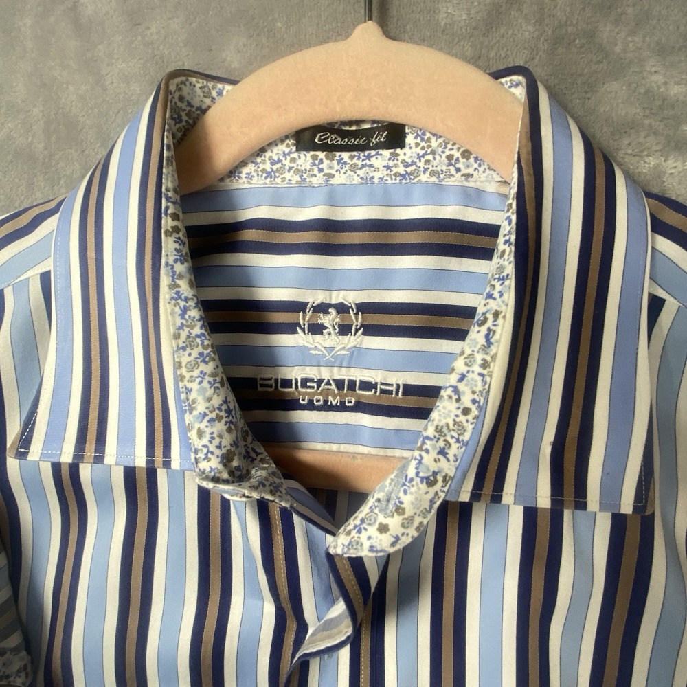Bugatchi Uomo Shirt XL Flip Cuff Button Up Blue Brown & Striped Unique Contrast‎ - Picture 2 of 9